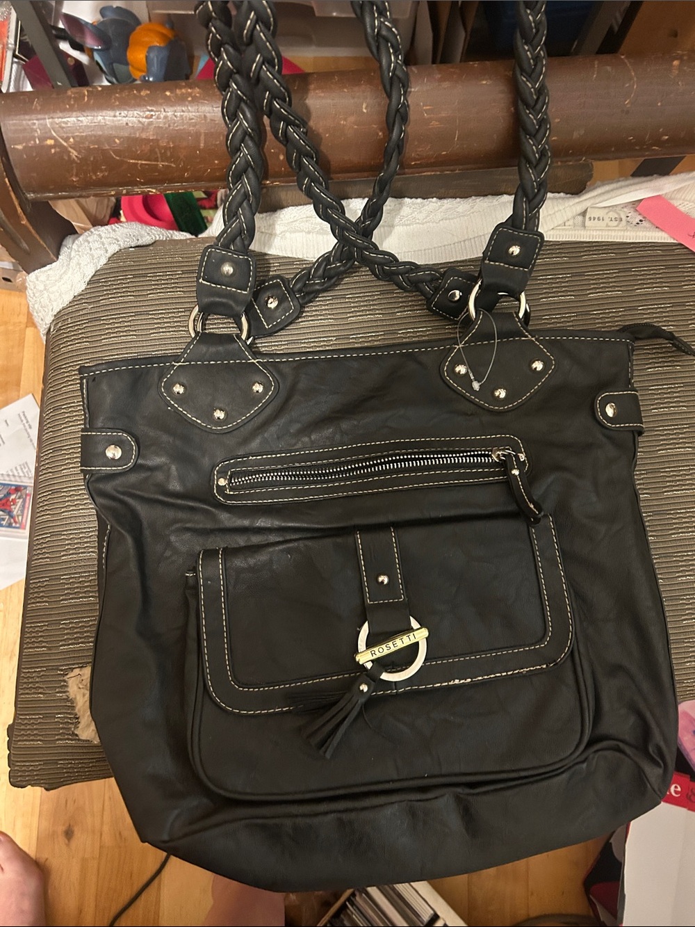 Rosetti Black Braided-Handle Shoulder Tote with Front Pocket